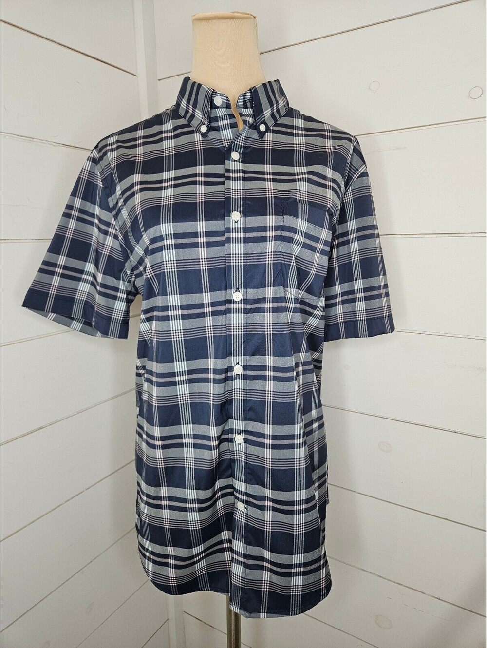 NWT St. John's Bay medium blue grey & pink plaid button down short sleeve shirt
